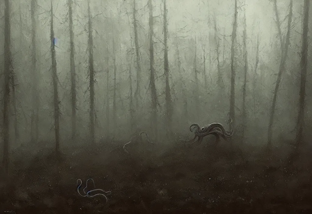 Image similar to an octopus in a dense forest, night, foggy, rain, gloomy, mysterious, artstation, jakub rozalski, high detail