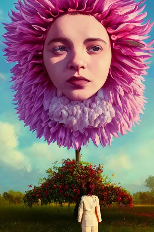 Image similar to portrait giant dahlia flower head, frontal, girl in a suit, standing in street, surreal photography, sunrise, dramatic light, impressionist painting, digital painting, artstation, simon stalenhag