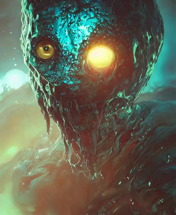 Prompt: portrait of a shining slime dripping abstract insect alien monster, slime, muscles, rippling slime, milky way environment, ultra realistic, concept art, intricate details, eerie, highly detailed, photorealistic, octane render, 8 k, unreal engine. art by artgerm and greg rutkowski and alphonse mucha