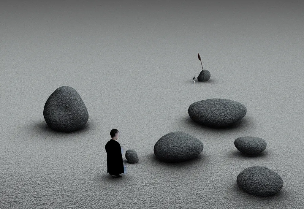 Image similar to portrait of a lone priest raking stones in a zen garden kyoto, japan, a collage painting, in the style of wes anderson, lola dupre, david hockney, isolated on negative white space background dark monochrome fluorescent neon spraypaint accents volumetric octane render