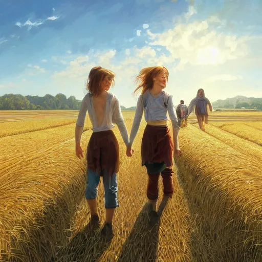 Image similar to ultra realistic illustration of three young friends walking on rails through the fields of hay, sunny summer day, nice mood, highly detailed, digital painting, artstation, concept art, smooth, sharp focus, illustration, art by artgerm and greg rutkowski and alphonse mucha