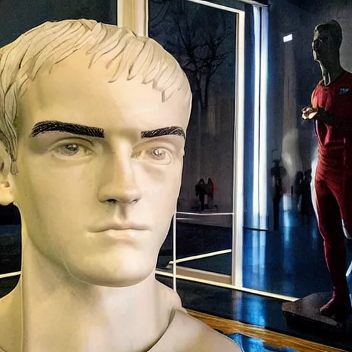 Image similar to “ a realistic detailed photo of a guy who is an attractive humanoid who is half robot and half humanoid, who is a male android, soccer player antoine griezmann, shiny skin, posing like a statue, blank stare, at the museum, on display ”