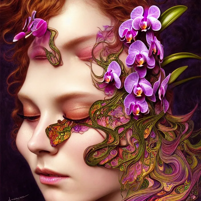 Prompt: psychedelic face made of orchid, diffuse lighting, fantasy, intricate, elegant, highly detailed, lifelike, photorealistic, digital painting, artstation, illustration, concept art, smooth, sharp focus, art by John Collier and Albert Aublet and Krenz Cushart and Artem Demura and Alphonse Mucha and Giuseppe Arcimboldo