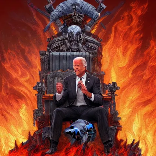 Image similar to Joe Biden sitting on a throne of skulls surrounded by fire, digital painting, highly detailed, trending on Artstation