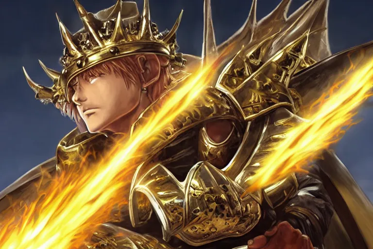 Prompt: an ultra detailed portrait of king richard the lionhearted as a paladin shonen anime protagonist charging into battle wearing a horned helmet and bright gold armor with a huge flaming longsword blessed by god, epic anime fantasy, 8 k, volumetric lighting, smooth, highly detailed, digital illustration, art by kentaro miura and akira toriyama and artgerm