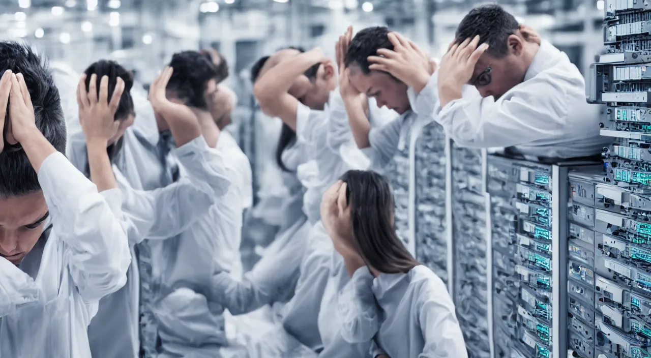 Prompt: Very nervous upset sad people sweating and placing their hands on their head standing next to servers that say Stability Diffusion render farm. Photo realistic. Sad but funny.