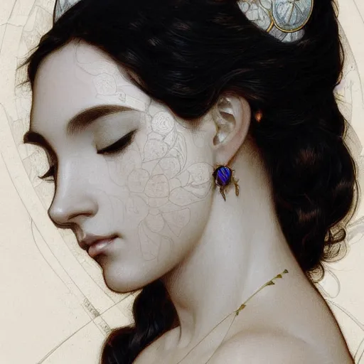 Prompt: side view portrait of a goddess, mickey mouse, intricate, elegant, highly detailed, digital painting, artstation, concept art, smooth, sharp focus, illustration, art by artgerm and greg rutkowski and alphonse mucha and william - adolphe bouguereau