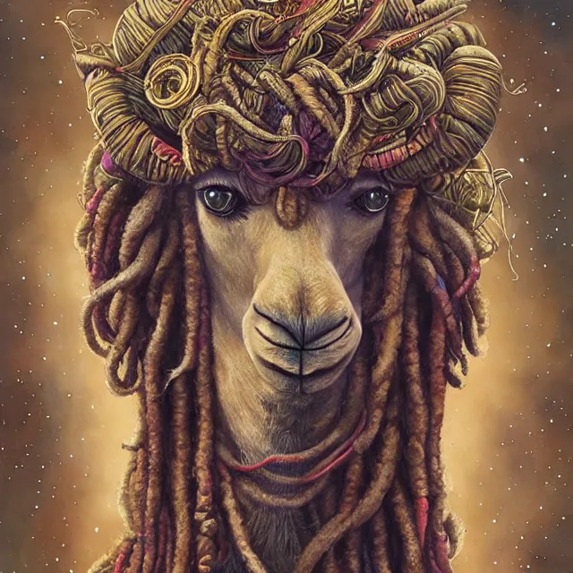 Prompt: llama with dreadlocks, space, by mandy jurgens, ernst haeckel, james jean