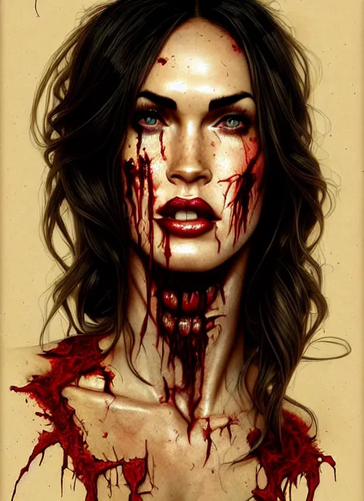 Prompt: portrait of megan fox as bloodthirsty damaged toothsome zombie, once upon a time, intricate, headshot, highly detailed, digital painting, artstation, concept art, sharp focus, cinematic lighting, illustration, art by artgerm and greg rutkowski, alphonse mucha, cgsociety