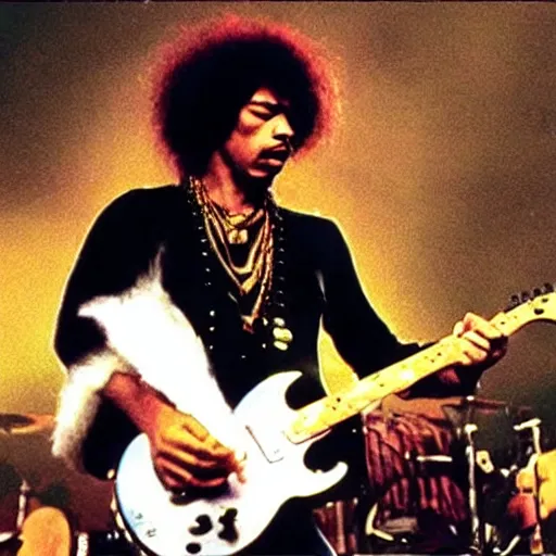 Prompt: Godzilla as Jimi Hendrix performing on stage at Woodstock, photo