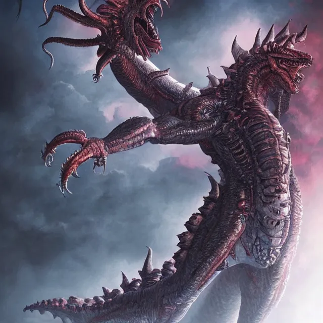 Image similar to a monstrous feminine humanoid fusion of a dragon, godzilla, and a xenomorph trending on artstation deviantart pinterest detailed hyper detailed photorealistic hd 8 k post - processing high resolution