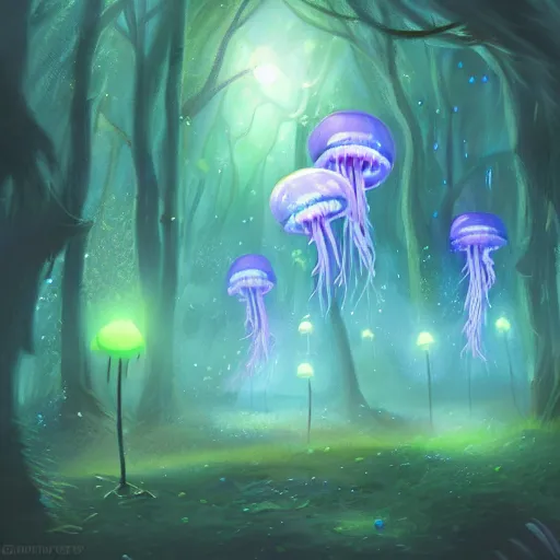 Image similar to a magical forest filled with floating glowing jellyfish, concept art, digital painting, deviantart, artstation