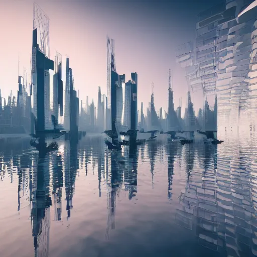 Prompt: a beautiful photography of a futuristic floating city on water, victorian architecture, 8k textures, highly realistic