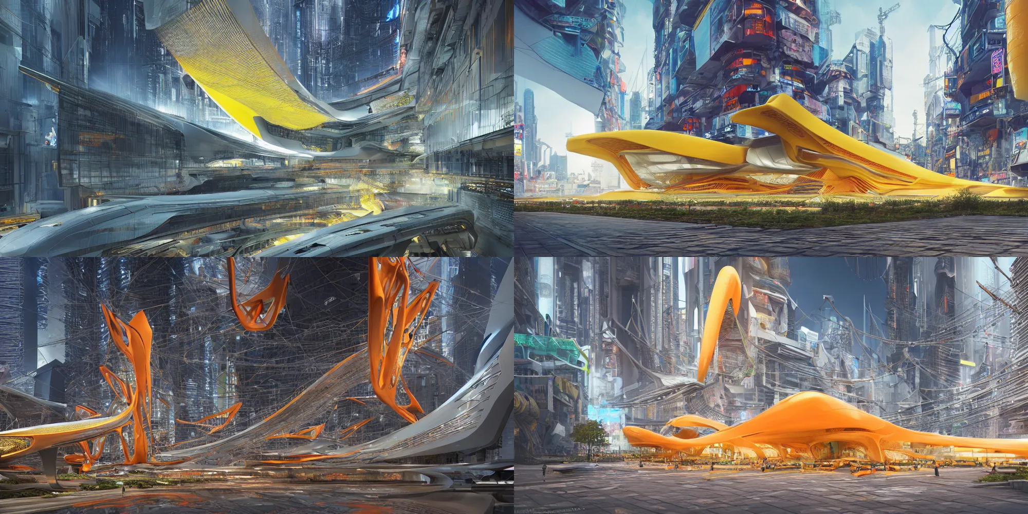 Prompt: a beautiful hyper realistic photograph, octane render, architectural render of utopic megaestrutura of cyberpunk in japane, by norman foster + zaha hadid, extremely detailed, chartpak ad markers, pastel color, yellow and orange color scheme, 8 k,