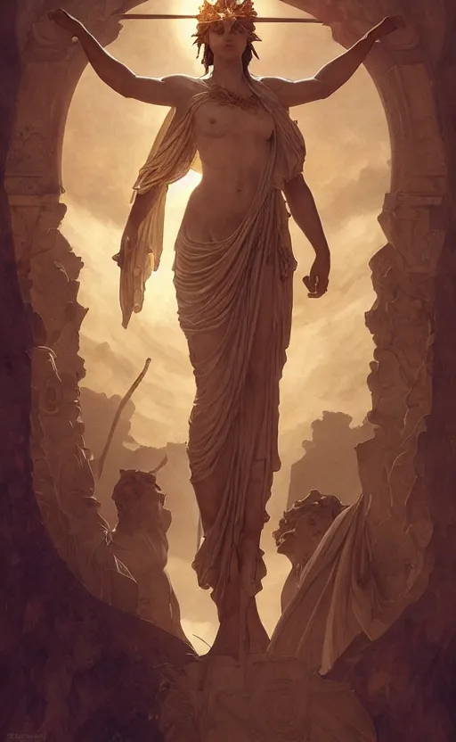 Prompt: solarpunk four armed statue of the goddess of the sun helios descending from olympus, four arms, holy light, artstation, concept art, smooth, sharp focus, illustration, art by artgerm and greg rutkowski and alphonse mucha and william adolphe bouguereau and john william waterhouse and gianlorenzo bernini