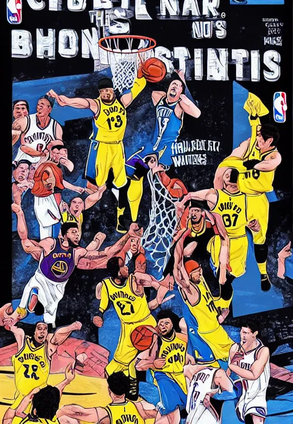 Image similar to The NBA Finals, a game winning shot, in a comic book style