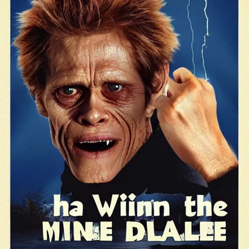 Prompt: willem dafoe as an scary monster movie poster