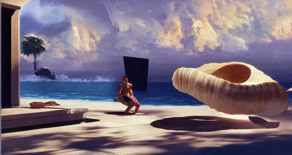 Image similar to a giant seashell with a doorhole, cinematography by syd mead, gregory crewdson