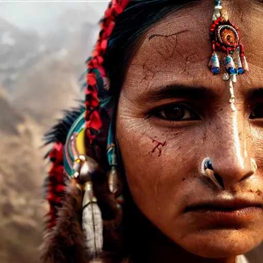 Image similar to portrait of a stunningly beautiful himalayan tribal female, depth of field, zeiss lens, detailed, symmetrical, centered, fashion photoshoot, by Annie Leibovitz and Steve McCurry, David Lazar, Jimmy Nelsson, Breathtaking, 8k resolution, extremely detailed, beautiful, establishing shot, artistic, hyperrealistic, beautiful face, octane render