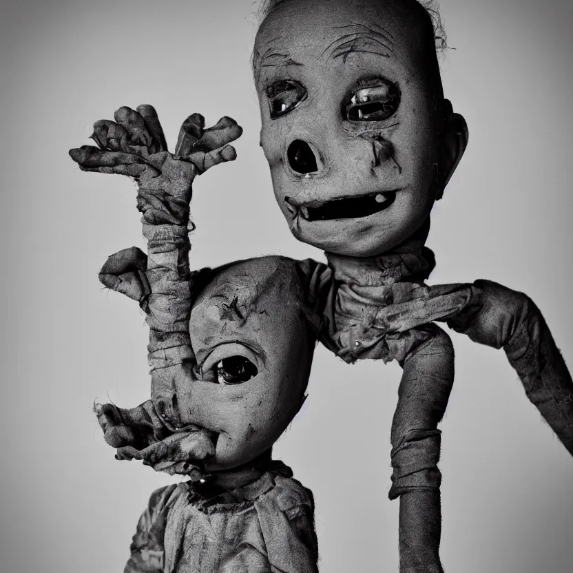 Image similar to creepy ventriloquist dummy in the style of roger ballen, 4 k, bw, portrait