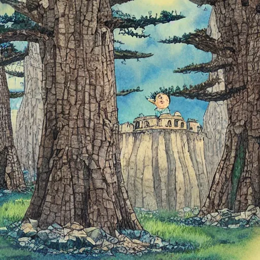 Image similar to laputa castle in the sky robot hayao miyazaki stands in a small clearing among trees, watercolor illustration for a book