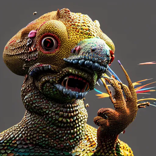 Prompt: a creature covered in scales and feathers spitting acid, art by geof darrow, substance 3 d painter, pbr textures, physical based rendering, cinematic, hyper realism, high detail, octane render, unreal engine, 8 k, smooth gradients, high contrast, depth of field, aperture f 2. 8