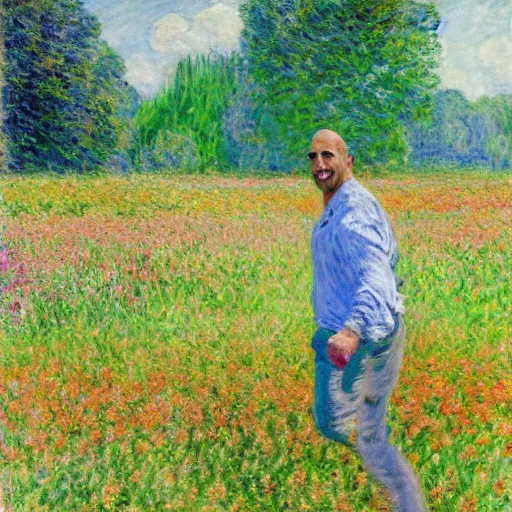 Prompt: Dwayne Johnson frolicking in a field of flowers, painting by Claude Monet, colorful