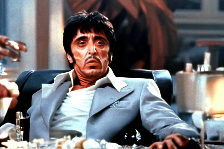 Image similar to tony montana from movie scarface 1 9 8 3 sitting behind a big black oak table with big large packages of flour. al pacino. perfect symmetric face, coherent eyes, ron cobb, fine details, 4 k. last scene from scarface movie, bokeh