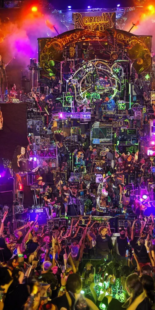 Prompt: a selfie of happy people at an outdoor festival stage with audience, on stage is a rockband with 3 steampunk robots with guitars and drums, center of the stage is a big steampunk generator, laser show, 8 k, fluorescent colors, halluzinogenic, multicolored, exaggerated detailed, unreal engine, 8 0 mm lens