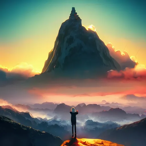 Image similar to young man facing the desperate and endless call of the void, mountain top above clouds, beautiful sunset, unreal 5 render, vivid colors, high detail, studio ghibli, digital art, octane render, beautiful composition, trending on artstation, award - winning photograph, masterpiece