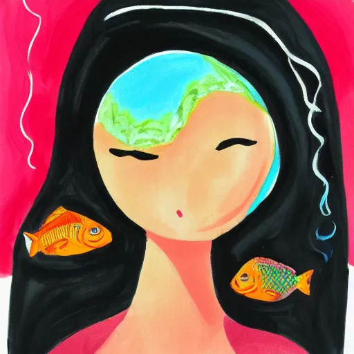 Image similar to young woman dreaming of bubbles and fish, concept art, gouache
