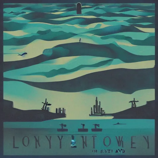 Image similar to lonley town in a vast ocean album artwork, album cover, expressionist, minimal