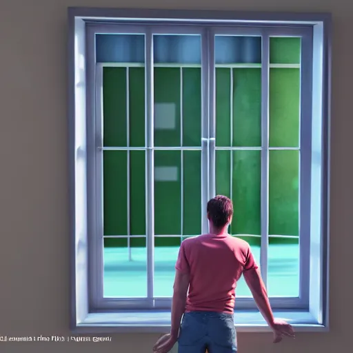 Image similar to 3 d rendered image of a man opening window, fresh air blender 3 d keyshot unreal engine