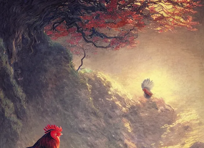 Image similar to a gorgeous paradise rooster japanese art is looking at a bird, ethereal, horror, fantasy art by greg rutkowski and magali villeneuve and claude monet