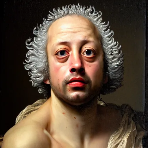 Image similar to A 17th century Baroque Painting of Gene Ween, grainy, realistic, hyperrealistic, very realistic, very very realistic, highly detailed, very detailed, extremely detailed, detailed, digital art, trending on artstation, detailed face, very detailed face, very detailed face, realism, HD Quality, 8k resolution, intricate details, body and head in frame, painting, oil painting, trending on deviantart, Baroque Painting