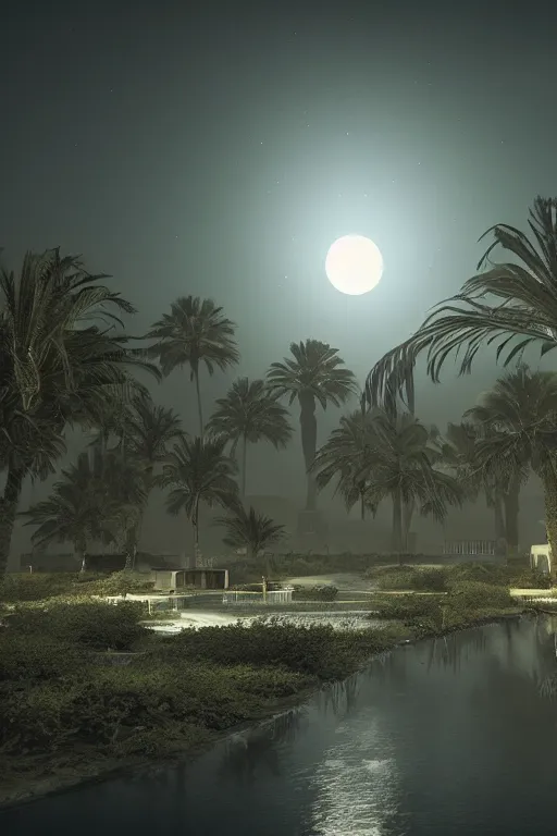 Image similar to the only building hovering over a deserted oasis on a moonlit night, clear focus, illustration, unreal engine 5, 8 k, in the style of peter morbacher, zek yerki, greg rutkowski, dim picturesque lighting of volumetric water bodies