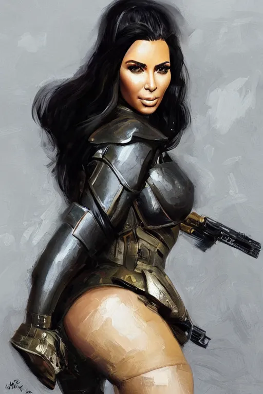 Prompt: a professionally painted portrait of Kim Kardashian, clothed in military armor, intricate, elegant, digital painting, trending on Artstation, concept art, smooth, sharp focus, illustration, from Metal Gear by Ruan Jia and Mandy Jurgens and Artgerm and William-Adolphe Bouguerea, award winning