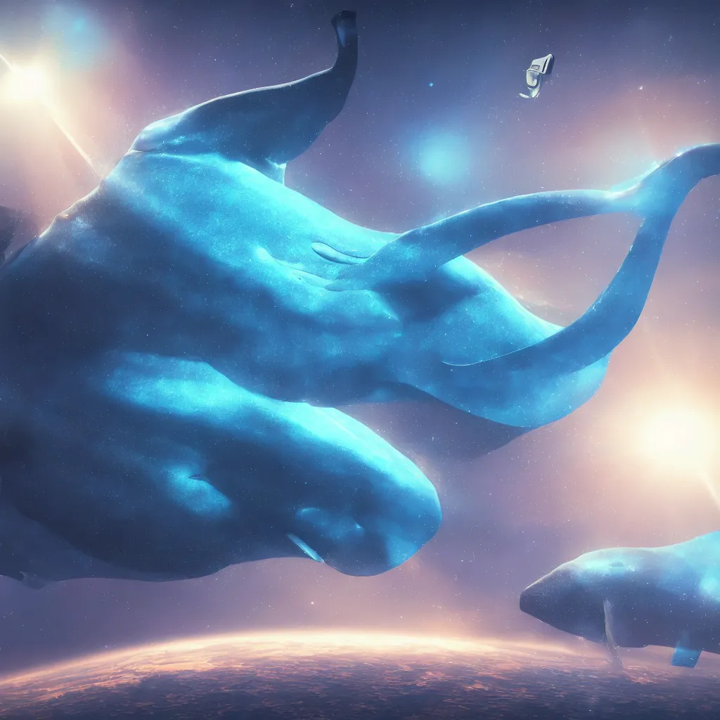 Prompt: a giant blue whale dreaming of his future in space, unreal engine 5, perspective 3 d octane render, psychedelc colors, byyoshita amano, by pixar, 8 k, light rays, lens flare, epic, hyperdetailed