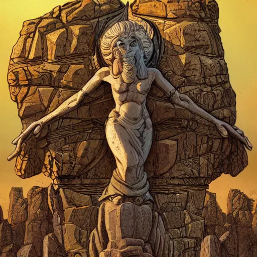 Prompt: precisely drawn illustration of a giant stone idol, wide angle, sharp, fine details, French comic style, vibrant realistic colors, full color, heroic fantasy, intense line art, 8k, precise linework, realistic, in the style of Heavy Metal Comics and Richard Corben and Moebius