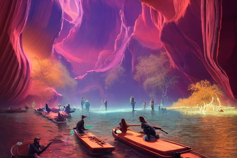 Prompt: floating markets of times square river on bioluminescent wave in antelope canyon during sakura season on an interstellar aurora borealis, gold waterfalls, vendors, festivals, fun, by peter mohrbacher, james jean, james gilleard, greg rutkowski, vincent di fate, rule of thirds, octane render, beautiful landscape