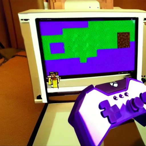 Prompt: thanos playing minecraft survival mode on an xbox, twitch stream,