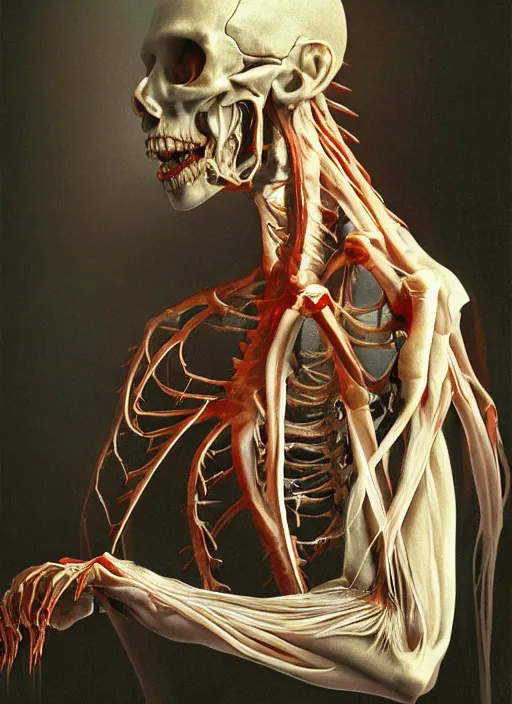 Prompt: Ghostemane with translucent skin, visible muscles and veins and arteries and bones and spines and nerves, beautiful detailed intricate insanely detailed octane render, 8k artistic photography, photorealistic, chiaroscuro, by David Cronenberg, Raphael, Caravaggio