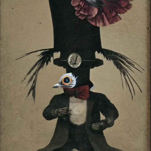 Prompt: an antique photograph of a bio-mechanical clockwork crow wearing a top hat with a painting of a female pigeon behind him, by Yuumei, Trending on Artstation, CG Society