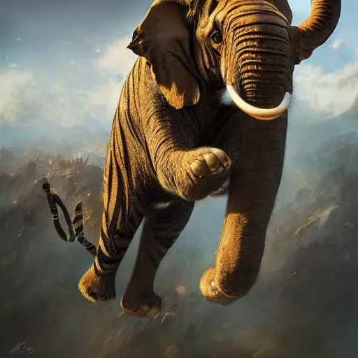Prompt: tiger elephant flying through the skies, hyper detailed, digital art, trending in artstation, cinematic lighting, studio quality, smooth render, unreal engine 5 rendered, octane rendered, art style by klimt and nixeu and ian sprigger and wlop and krenz cushart