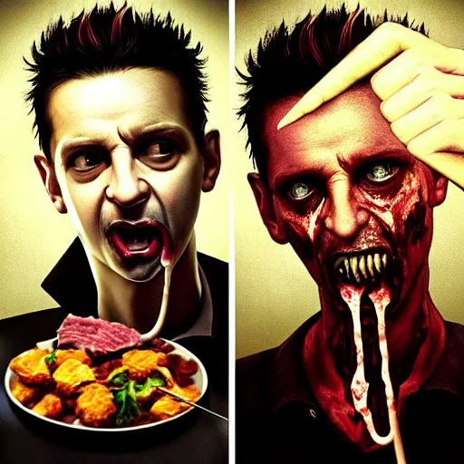 Image similar to portrait of a young and youthful dave gahan as a zombie eating some meat and under a spotlight, 7 days to die zombie, fine art, award winning, intricate, elegant, sharp focus, cinematic lighting, highly detailed, digital painting, 8 k concept art, art by guweiz and z. w. gu, masterpiece, trending on artstation, 8 k