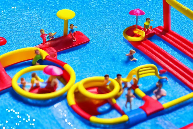 Image similar to fisher price public pool, california, in 2 0 1 5, perfect sharp focus, scene from tv show hyper detailed 5 5 mm 8 5 mm, toy photography, made out of plastic