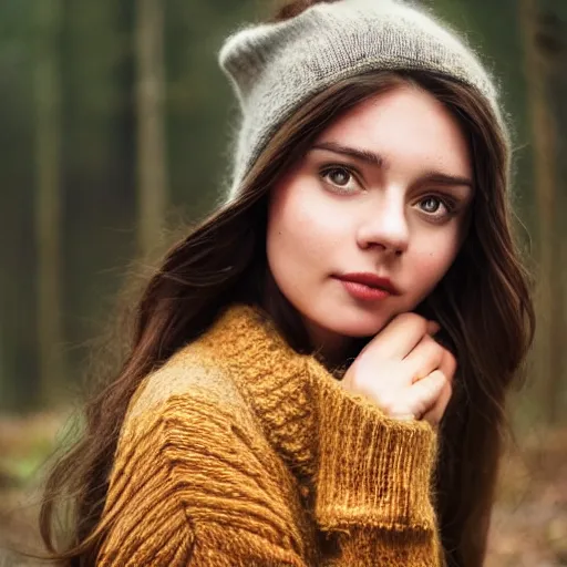 Prompt: real life photo of a beautiful girl, full body photoshoot, long brown hair, brown eyes, full round face, short smile, wool sweater belly free, forest setting, cinematic lightning, medium shot, mid - shot, highly detailed, trending on artstation, unreal engine 4 k, 8 0 mm, 8 5 mm, cinematic wallpaper