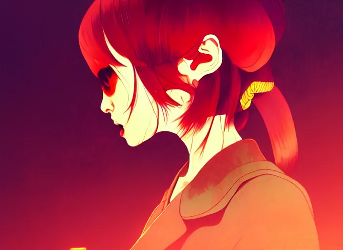 Image similar to editorial illustration by Karolis Strautniekas and Mads Berg, colorful, anime vampire princess miyu, katsuhiro otomo, manga, Ilya kuvshinov,fine texture, fine details, matte colors, film noir, dramatic lighting, dynamic composition, moody, vivid, volumetric