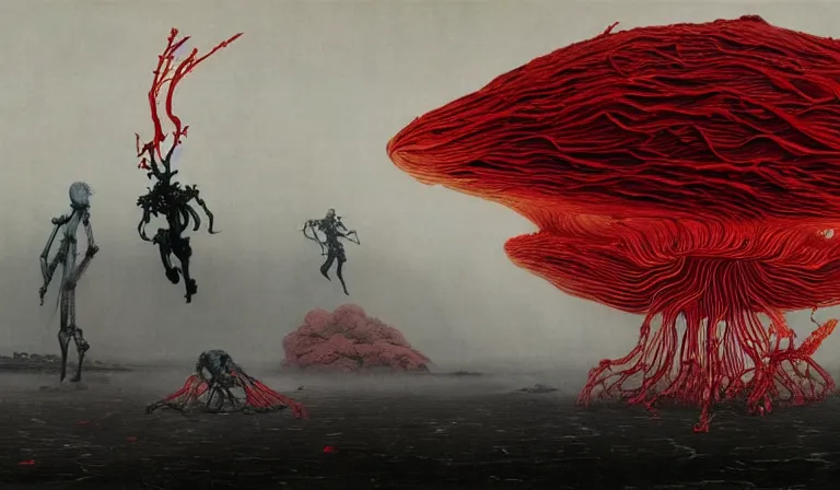 Prompt: still frame from Prometheus by Jakub rozalski by utagawa kuniyoshi by Yves Tanguy, Vast blossoming hell plains with resurrecting crimson filament mycelium biomechanical giger cyborgs in style of Jakub rozalski with character designs by Neri Oxman, metal couture haute couture editorial