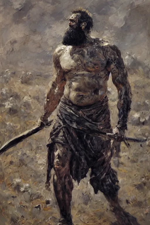 Image similar to highly detailed palette knife oil painting of a historically accurate depiction of the ancient biblical philistine giant warrior Goliath of Gath, fierce, menacing, by Peter Lindbergh, impressionistic brush strokes, painterly brushwork